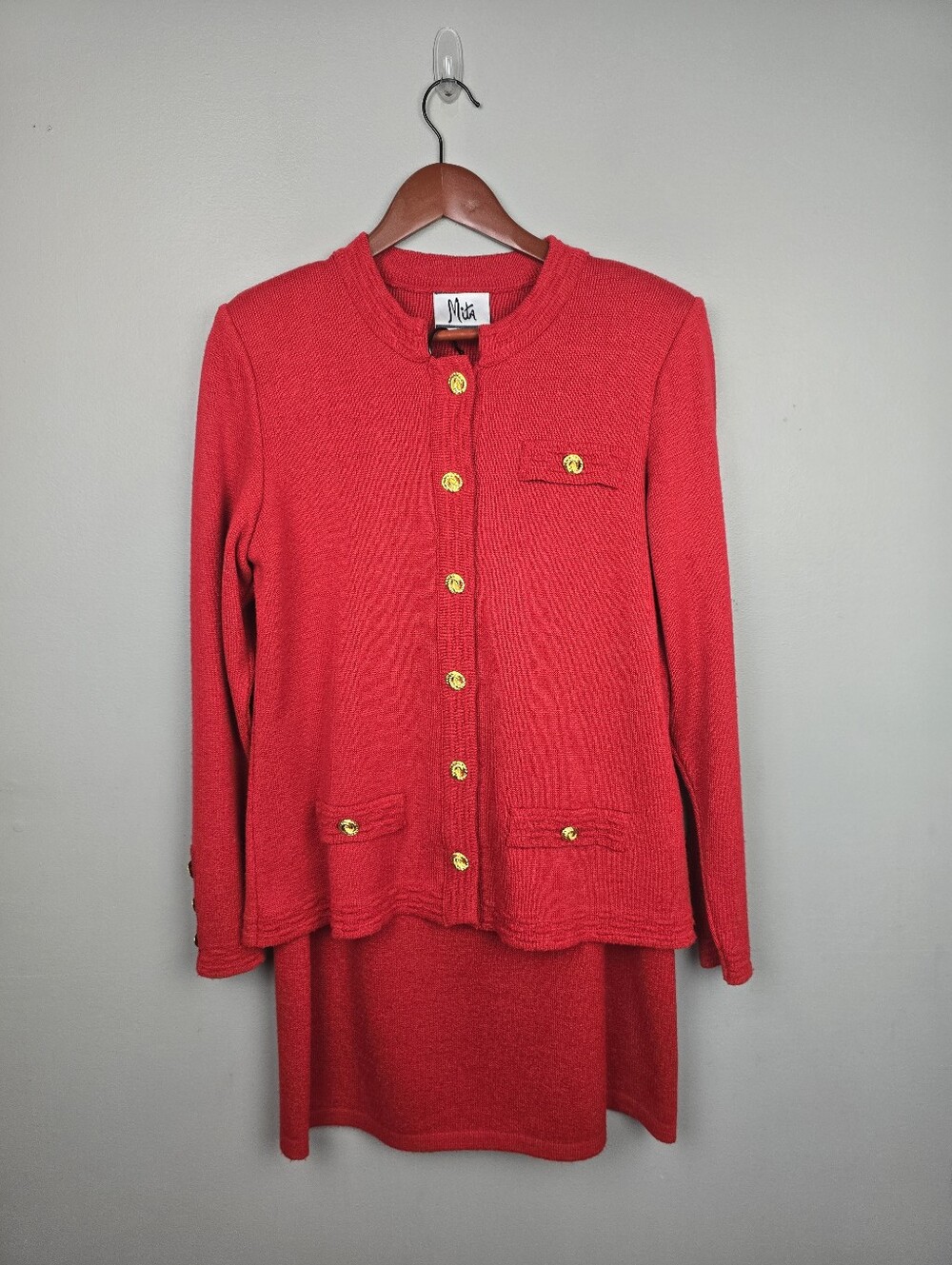 Mita Vintage Two-Piece Knit Skirt Suit 80s 90s Krinkle Spun Red Womens Size 10